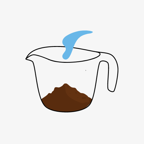 Illustration of hot water being poured into a pitcher with coffee grounds — starting the steeping process.
